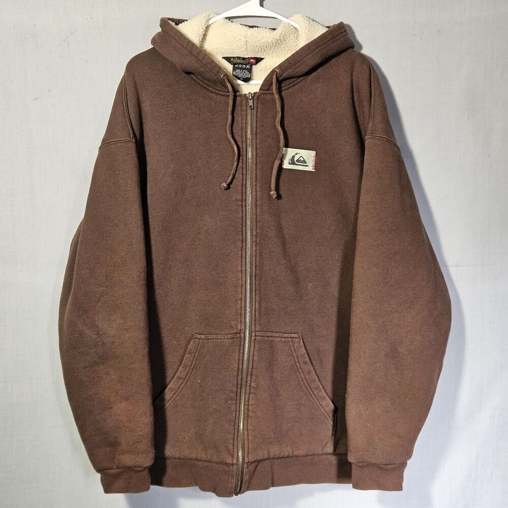 Y2K Quiksilver Jacket Hoodie Zip Up Sherpa Fleece Lined Mens XL Brown Surf Skate